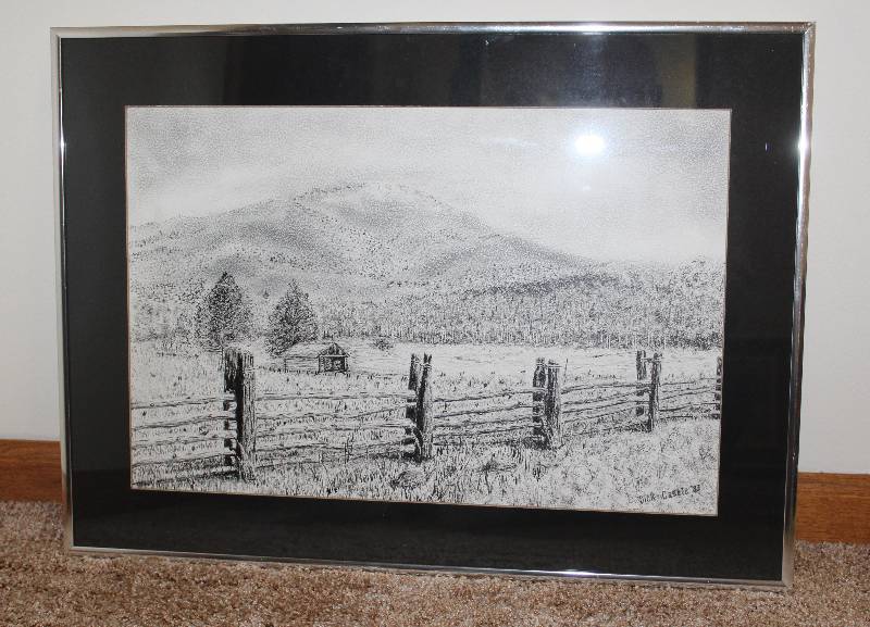 lot 7473 image: Beautiful Framed Ink Painting by Local Painter Richard Castle- Very Neat