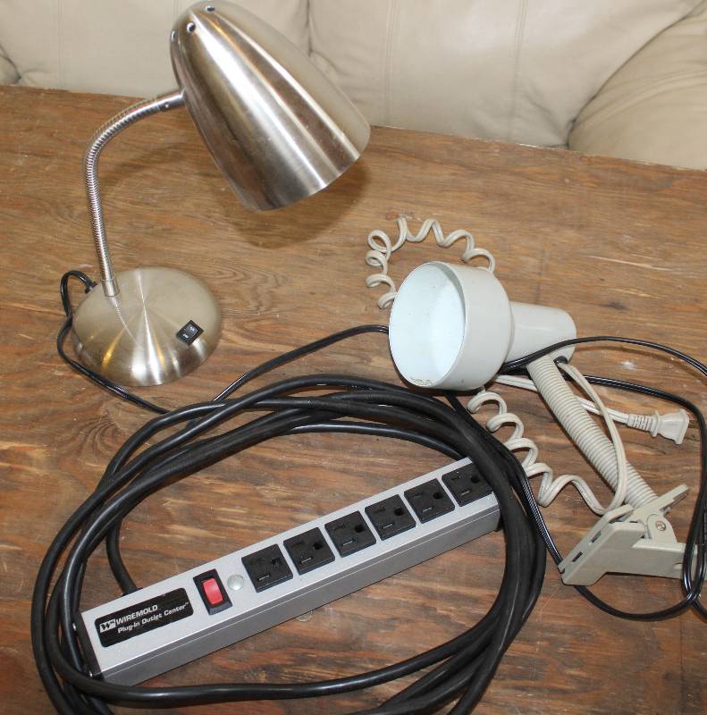 lot 7482 image: Multi Plug Extension Cord, and 2 Lamps
