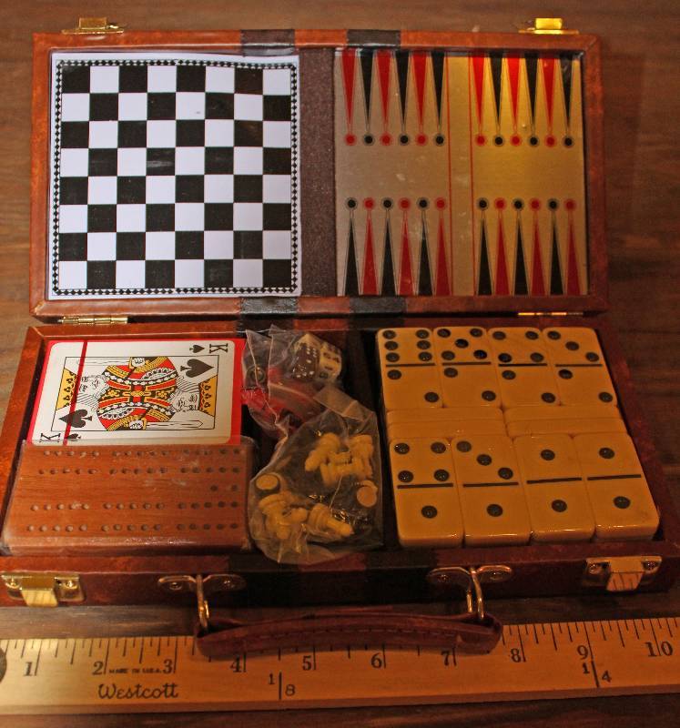 lot 7533 image: Small Travel-Sized Game Board- Chess, Checkers, Dominoes, and More