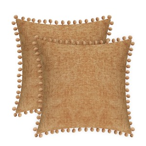 lot 6272024 image: CaliTime Throw Pillow Cases Pack of 2 Cozy Solid Dyed Soft Chenille Cushion Covers with Pom Poms for Couch Sofa Home Decoration 20 X 20 Inches Apricot Brown