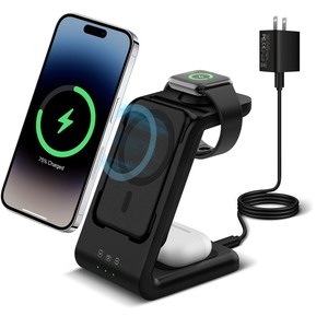 lot 6272025 image: Smtcsl 3 in 1 Wireless Charging Station, Fast Charger Stand Compatible for iPhoneApple WatchAirpods, 5000mAh Mag-Safe Battery Pack USB C Power Bank for 16 15 14 13 12 Series, 20W PD Adapter (Black)
