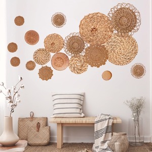 lot 6272028 image: 18Pcs Boho Basket Wall Decals Round Wall Sticker Modern Boho Wall Decor Peel and Stick Wall Decor Sticker Removable Boho Wall Stickers Rustic Wall Art for Bedroom Office, Stickers Only (Classic Style)