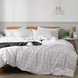 lot 6272034 image: JELLYMONI 100% Natural Cotton 2pcs Plaid Duvet Cover Sets,White with Black Grid Geometric Pattern Printed Comforter Cover,with Zipper Closure &amp Corner Ties(Twin 66x92 Inch)