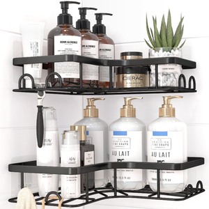 lot 6272073 image: Sakugi Corner Shower Caddy - 2 Pack, Adhesive Shower Organizers, Rustproof Stainless Steel Shower Shelves with 8 Hooks, No Drilling Bathroom Organizers and Storage Racks, Space-Saving, Black,Medium