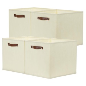 lot 6272095 image: Temary Storage Baskets Set of 4 Collapsible Storage Baskets, 13x15x13 Storage Cube Bins with Leather Handles, Foldable Storage Bins for Shelves, Closet Storage Organizer Bin for Home (Beige)
