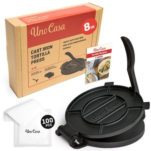 lot 6272097 image: Uno Casa Cast Iron Tortilla Press 8 Inch - Tortilla Maker Press, Pre-Seasoned Roti Maker with 100 Pcs Parchment Paper, Heavy Duty Quesadilla Maker - Pataconera for Flour Tortilla, Tawa