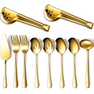 lot 6272122 image: Serving Utensils Include Large Serving Spoons Slotted Serving Spoons Serving Forks Serving Tongs Soup Ladle and Pie Server Buffet Catering Serving Utensils for Dishwasher Safe(Gold,10 Pieces)