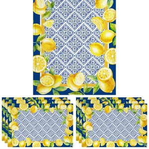 lot 6272125 image: Windkream 7 Pcs Italy Blue Tiles Table Runners Placemats Set Lemons Italian Summer Table Runner Decorations Blue Lemon Iris Table Mat Kitchen Dining Table Decoration for Party Holiday