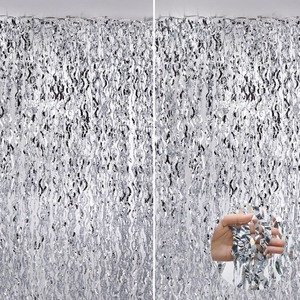 lot 6272156 image: Wavy Silver Metallic Tinsel Foil Fringe Curtains, 2 Pack 3.3x8.3 Feet Party Streamer for Birthday Party Decorations, Halloween Decor, Foil Curtain for Bachelorette Party