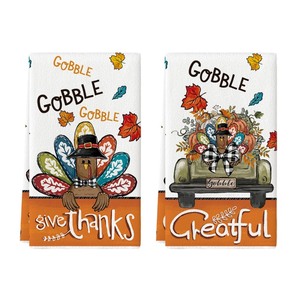 lot 6272174 image: Artoid Mode Turkey Gobble Thanksgiving Kitchen Towels Dish Towels, 18x26 Inch Greatful Fall Truck Pumpkin Decoration Hand Towels Set of 2