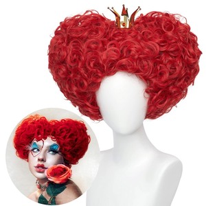 lot 6272190 image: Red Heart Queen Wig Costume Women and Crown Cosplay Girls Pre-styled Fluffy Short Curly Halloween Anime Cosplay Party Wigs with Cap One Size