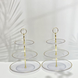 lot 6272197 image: RAUVOLFIA 3 Tier Cupcake Stand, Tiered Serving Cake Stand, Transparent Plastic Dessert Stand, Weddings Parties Pastry Serving Tray (2 Pack, Clear Plate with Gold Rim)