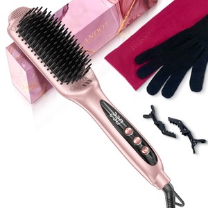 lot 6272202 image: LANDOT Ceramic Hair Straightener Brush Negative Ion Heated Straightening Brush for Smooth Frizz-Free Hair - Dual Voltage 100-240V Fast Heating Ajustable Temp 250°F-450°F