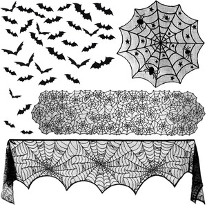 lot 6272217 image: ZeeDix 39 Pcs Halloween Decorations Kit Black Lace Spiderweb Round Tablecloth Table Runner, Giant Spider Cobweb Fireplace Scarf with 36PCS Scary 3D Bats Wall Stickers for Halloween Party Decor