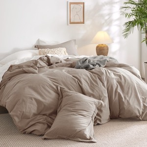 lot 6272219 image: Bedsure 100% Washed Cotton Duvet Cover Queen - Taupe Minimalist Cotton Duvet Cover Set Linen Like - 3 Pieces Plain Simple Cotton Duvet Cover Set with 2 Pillow Shams (Taupe, Queen, 90x90)