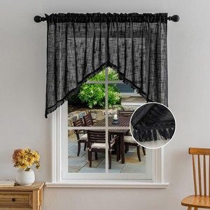 lot 6272223 image: Beda Home Tassel Linen Textured Swag Curtain Valance for Farmhouses�� Kitchen Light Filtering Rustic Short Swag Topper for Small Windows Bedroom Privacy Added Rod Pocket Design (Black 36x36-2PCs)
