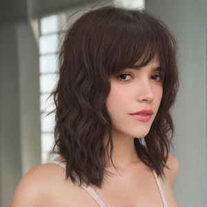 lot 6272234 image: MINLEE Brown Wig with Bangs for Women 14 Inch Short Bob Wavy Curly Wig Brown Hair Wigs Natural Looking Heat Resistant Synthetic Wigs