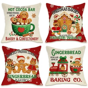 lot 6272249 image: Fahrendom Christmas Gingerbread Man House Decorative Throw Pillow Cover 18x18 Set of 4, Xmas Bakery Hot Cocoa Porch Patio Outdoor Pillowcase, Winter Holiday Baking Lover Gifts Cushion Case Home Decor