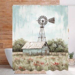 lot 6272250 image: DLTAY Windmill Shower Curtain Rustic, Farmhouse Shower Curtain, Teal Retro Western Farm Barn Shower Curtain Set Waterproof Bath Curtain Bathroom Decor with 12 Hooks, 72x72 inches