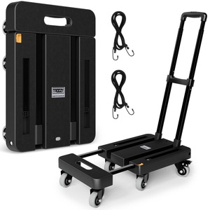 lot 6272251 image: Folding Hand Truck, 500 LB Heavy Duty Luggage Cart, Utility Dolly Platform Cart with 6 Wheels & 2 Elastic Ropes for Luggage, Travel, Moving, Shopping, Office Use, Black