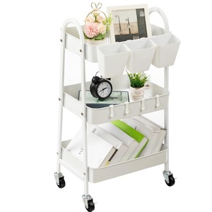 lot 6272252 image: danpinera 3-Tier Rolling Cart, Metal Rolling Storage Cart with Lockable Wheels & Hanging Cups & Hooks, Mobile Trolley Cart for Kitchen, Bathroom, Office, Workshop, White