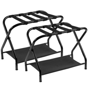 lot 6272263 image: Heybly Luggage Rack,Pack of 2,Steel Folding Suitcase Stand with Storage Shelf for Bedroom, Hotel, Foldable Steel Frame, Guest Room Bedroom Hotel, 26.2 L x 14.4 W x 20.5 H, Black,HLR004B2