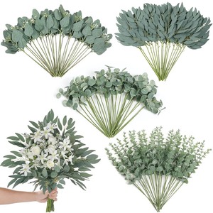 lot 6272273 image: 120 Pcs 4 Kinds Mixed Artificial Eucalyptus Leaves Stems Bulk Fake Silver Dollar Eucalyptus Bundle Faux Plants Greenery for DIY Bouquets Floral Arrangement Wedding Engagement Party Decor (Green)