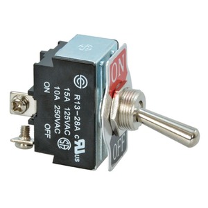lot 6272295 image: Jameco Valuepro R13-28A-06 Toggle Switch, On Off, SPST, Lever Screw, 15 Amp, 250 Volt AC, Panel Mount, 0.75 L x 0.75 D x 1.33 H (Pack of 2)
