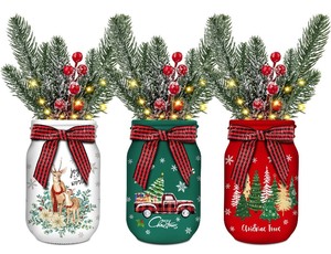 lot 6272297 image: 3 Pack Christmas Table Centerpieces, Christmas Mason Jars with Lights for Christmas Table Decorations, Red Berry Pine Cone Christmas Centerpiece Table Decorations for Farmhouse Dining Table Decor