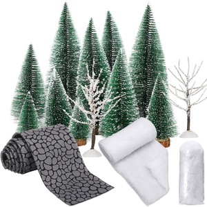 lot 6272298 image: 15 Pcs Christmas Village Accessories Including Artificial Snow Frost Trees Artificial Fake Snow Blanket Bare Branch Trees Accessory Cobblestone Street Accessory Figurine Village Displays for Houses