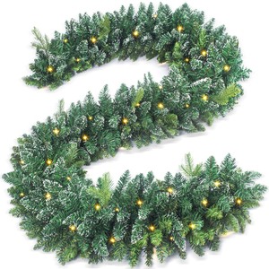 lot 6272303 image: Jin&Bao 9FT Christmas Garland with Lights 100 LED Prelit Real-Like Tips and Snow Branches Garland Christmas Decorations with Timer 8 Modes for Mantle Stairs Door Outdoor Decor