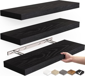 lot 6272305 image: BAYKA Floating Shelves for Wall, Wall Mounted Rustic Wood Shelves for Bathroom, Bedroom, Living Room, Kitchen, Hanging Shelf for BooksStorageRoom Decor with 22lbs Capacity (Black, Set of 3, 16in)
