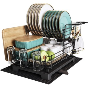 lot 6272321 image: MAJALiS Dish Drying Rack for Kitchen Counter, Stainless Steel Large Dish Drainers Strainer with Drainboard Set for Sink, 2 Tier with Utensil Holder, Cups Holder,Extra Drying Mat, Black