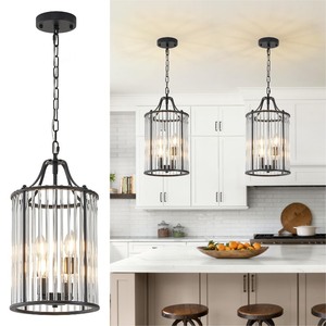 lot 6272324 image: Poemoon Modern Black Pendant Light Glass 9.8 Small 4-Light Pendant Chandelier for Kitchen Island Industrial Cage Ceiling Hanging Lighting for Dining Room Entryway Hallway - Retail $89.89