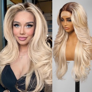 lot 6272352 image: KOME Ombre Blonde Synthetic Lace Front Wig,13x4 Glueless Wigs Body Wave Wig,Put On Go Shaggy Wolf Haircuts Wigs for Women,Pre-Plucked Hairline Wigs for Party Dality Use 26IN