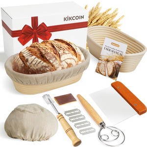 lot 6272433 image: KIKCOIN Banneton Bread Proofing Basket, 10 Inch Oval Sourdough Bread Baking Supplies, Sourdough Proofing Basket Set of 2, Sourdough Starter Kit with Bread Lame, Linen Liner, Metal Scraper, Dough Whisk