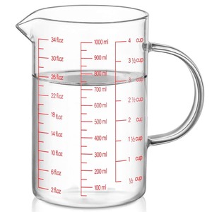 lot 6272445 image: Luvan 34OZ1000ML Glass Measuring Cup, 4 Cup Glass Measuring Cup With 3 Scales (MlOzCup), High Borosilicate Glass Measuring Cup With Handle and V-Shaped Spout, DishwasherFreezerMicrowave Safe
