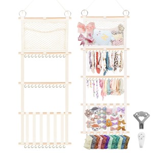 lot 6272487 image: Munzong Headband Holder 52x17 inch, Hair Bow Organizer for Baby Girls, Beige Wall Hanging Wood Headband Organizers wStorage Net, Hair Accessories Storage Hanger for Toddler Kids Nursery Room Decor
