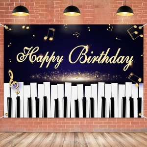lot 6272502 image: Piano Happy Birthday Backdrop Banner Decor Black Gold - Musical Notes Keys Birthday Party Theme Decorations for Adult Children Supplies