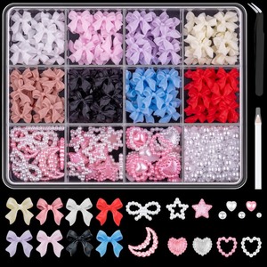 lot 6272519 image: 600 Pcs 3D Nail Charms and Flatback Pearls Set 1, 8 Colors Nail Bows Charm  Pink&White Star Heart Moon Cute Nail Jewels  2-4mm White Nail Pearls for Nail Art DIY Decoration with Pickup Tools