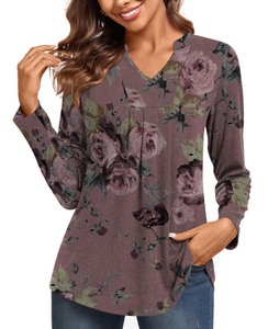 lot 6272525 image: Anyhold Womens Tunic Tops Long Sleeve Shirts Casual V Neck Tops for Leggings Medium, Bean-rose Red