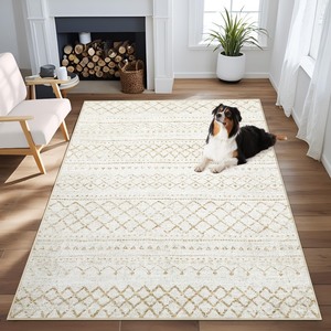 lot 6272528 image: Area Rug 4x6 Geometric Rug Washable Boho Moroccan Rugs Soft Farmhouse Rug, Modern Neutral Stain Resistant Indoor Floor Carpet for Livingroom Bedroom Dining Table Nursery(Beige,4X6)