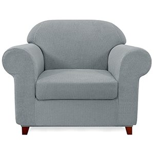 lot 6272529 image: SUBRTEX Stretch Armchair Sofa Slipcover 2 Piece Sofa Cover 1 Seater Soft Couch Slipcover Washable Furniture Covers, Jacquard Fabric Small Checks(Light Gray,Armchair)