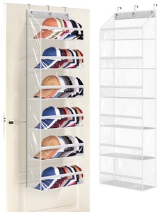 lot 6272537 image: AOODA Clear Over the Door Hat Racks for Baseball Caps, Large Holds up to 72 Caps Hat Storage Organizer for Closet Wall, Deep Pockets Hanging Hat Holder Shelves with 3 Hooks, White