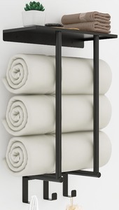 lot 6272544 image: Towel Racks for Bathroom, Bathroom Towel Rack Wall Mounted with Metal Shelf and 3 Hooks for Small Bathroom, Black