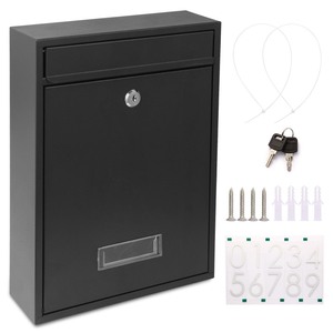 lot 6272548 image: Mailboxes for Outside, Wall Mount Locking Mailbox, Security Mailbox with Lock Key and Three Sets 0-9 Mail Box Numbers, Large Capacity Steel Cover Metal Postbox for Outdoor, 13.8X 10.8X 3.25 Inch Black