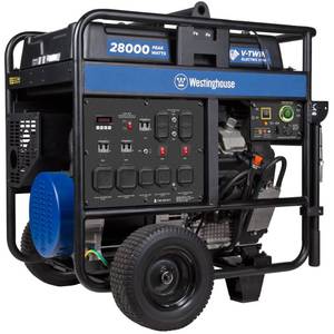 lot 42677 image: Westinghouse 28000 Peak Watt Home Backup Portable Generator, Remote Electric Start with Auto Choke, Transfer Switch Ready 30A & 50A Outlets, Gas Powered, CO Sensor,Blue-Retail-$3499.99