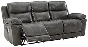 lot 42687 image: Signature Design by Ashley Edmar Leather Power Reclining Sofa with Adjustable Headrest, Gray (B09BDF671V) - Retail $1294.99