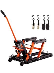 lot 42714 image: VEVOR Hydraulic Motorcycle Lift Jack, 1500 LBS Capacity ATV Scissor Lift Jack, Portable Motorcycle Lift Table with 4 Wheels, Hydraulic Foot-Operated Hoist Stand for Motorcycle ATV UTV Powersports-Retail-$139.99