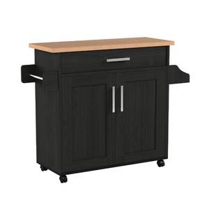 lot 42718 image: Hodedah Kitchen Island with Spice Rack, Towel Rack & Drawer, Black with Beech Top - Retail $88.99